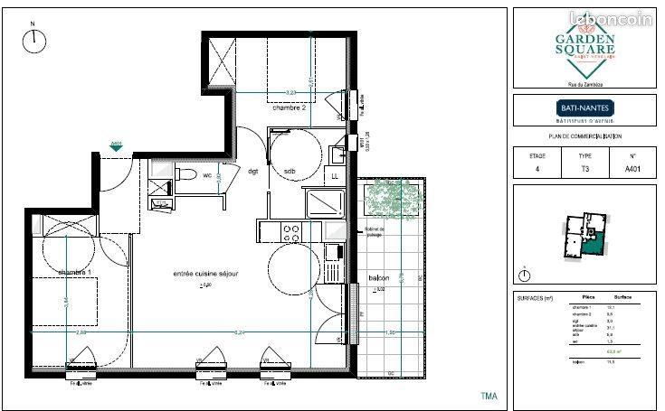 Appartement à louer, 63m², Saint-Herblain