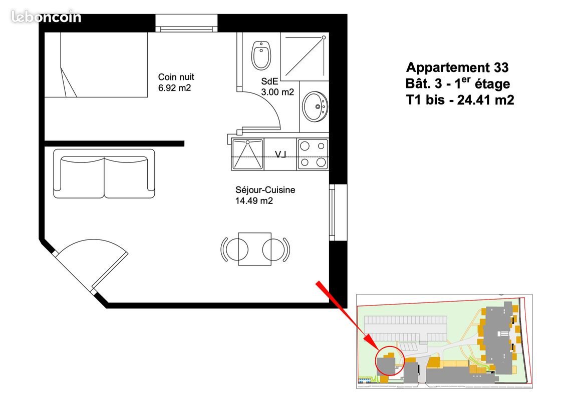 Appartement à vendre, 24m², Saint-Michel-Chef-Chef