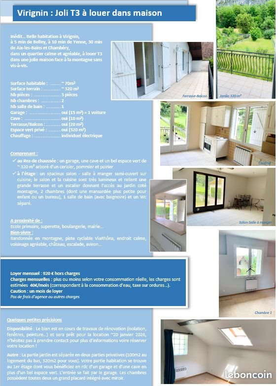 Maison à louer, 70m², Virignin